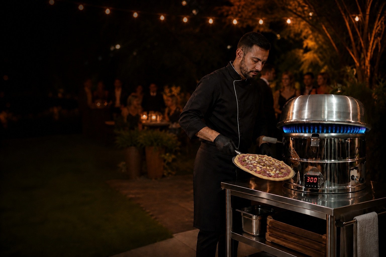 Forno portátil em operação durante o preparo de pizza