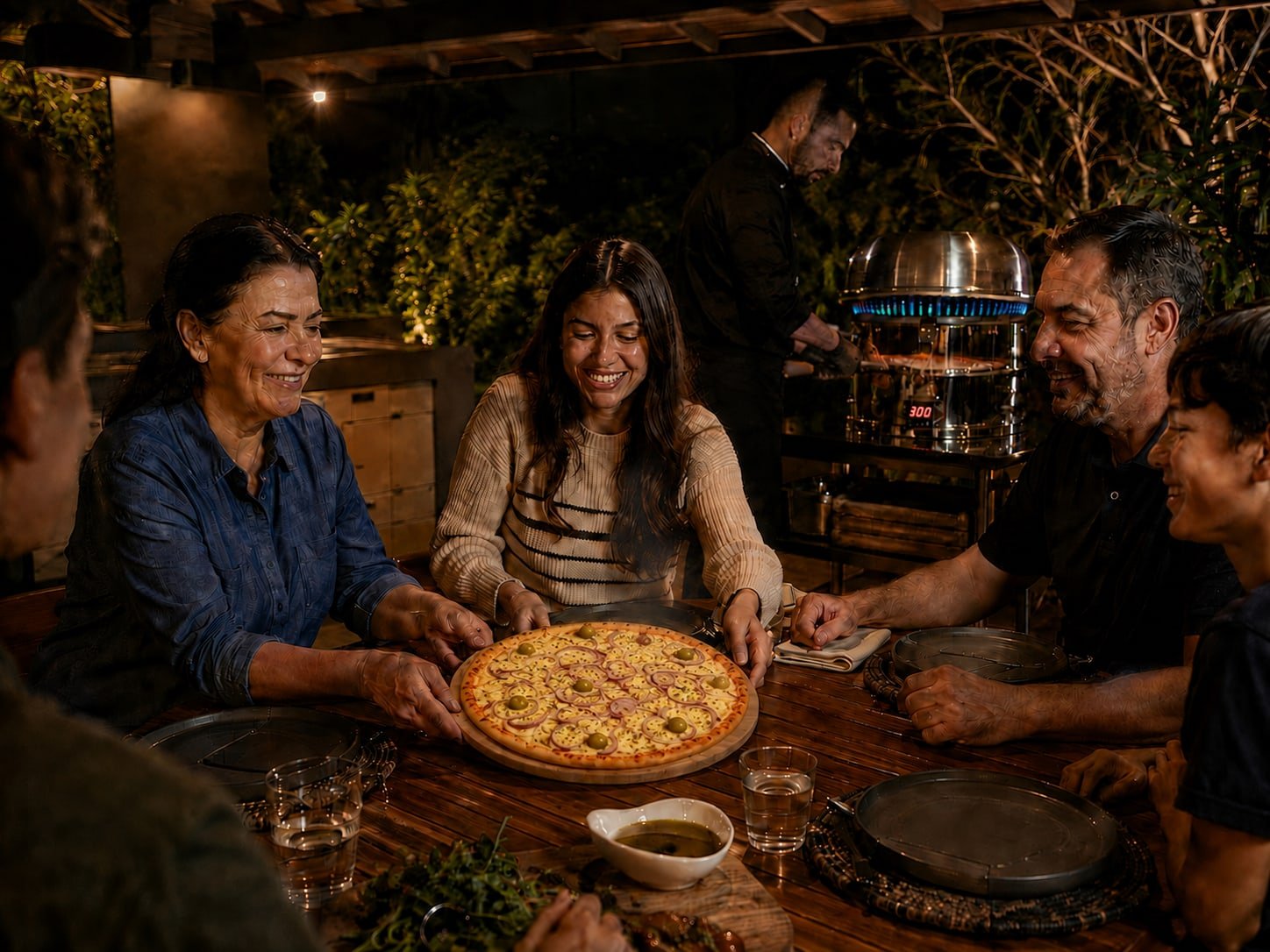 Pizza sendo compartilhada em uma confraternização em casa, com o forno a gás ao fundo
